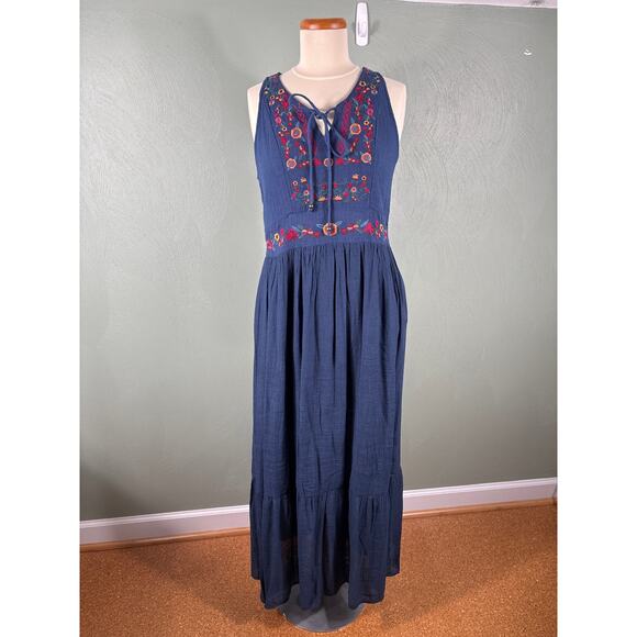 Umgee Maxi Dress Women Size Small Blue Embroidered Floral Tie Front Sleeveless - Picture 12 of 13
